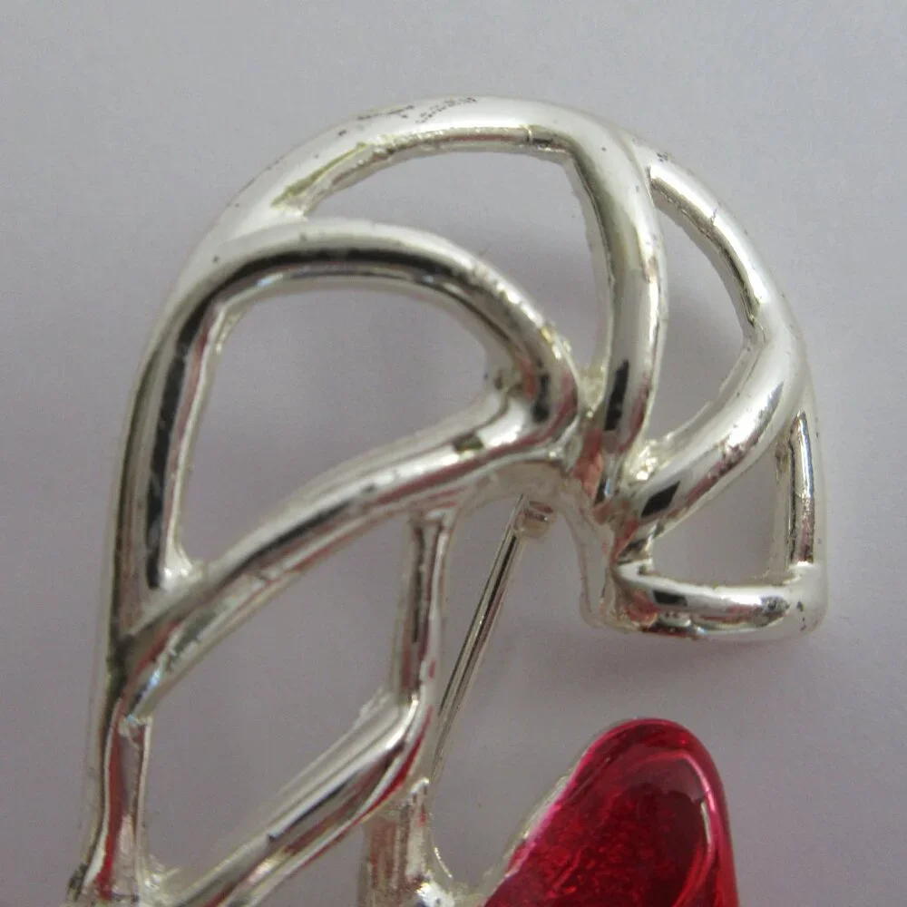 Candy Cane Brooch Pin Enamal Red Bow Holiday Christmas Silver Tone Openwork - Picture 4 of 9